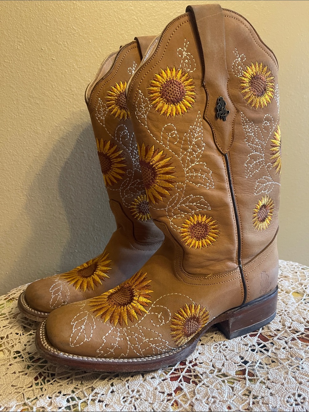 Sunflower Embroidered Tan Leather Cowboy Boots - Brand Unspecified